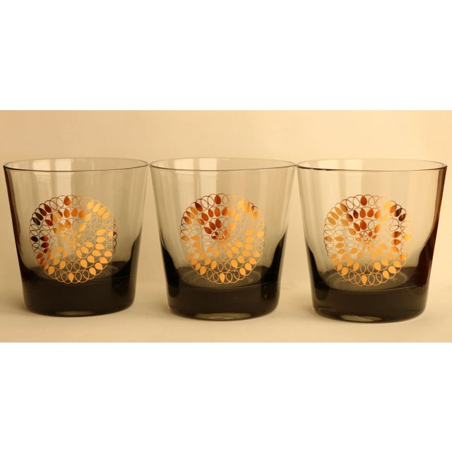 Mid-Century Modern Gold Spirograph Smoked Lowball Glasses - Set of 8 For Sale - Image 3 of 5