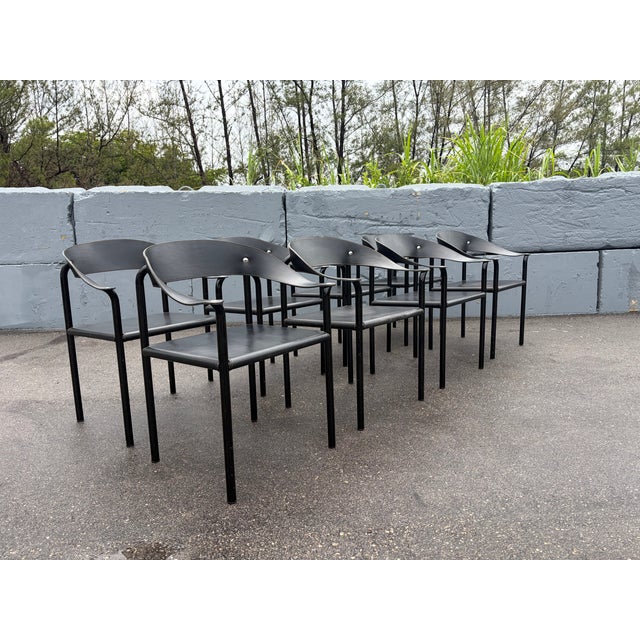 Metal Set of Eight Attributed Artelano Black Leather Arm Chairs, Italy 1980s For Sale - Image 7 of 18