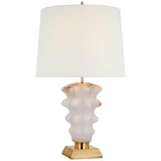 Thomas O'Brien by Visual Comfort Signature Luxor Large Table Lamp in Alabaster and Hand-Rubbed Antique Brass with Linen Shade For Sale