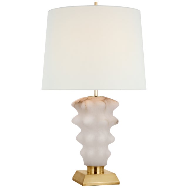 Thomas O'Brien by Visual Comfort Signature Luxor Large Table Lamp in Alabaster and Hand-Rubbed Antique Brass with Linen Shade For Sale