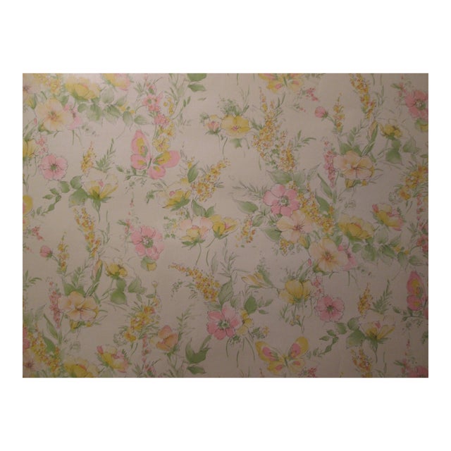 Vintage 1980s Pink and Yellow Floral Motif Wallpaper For Sale