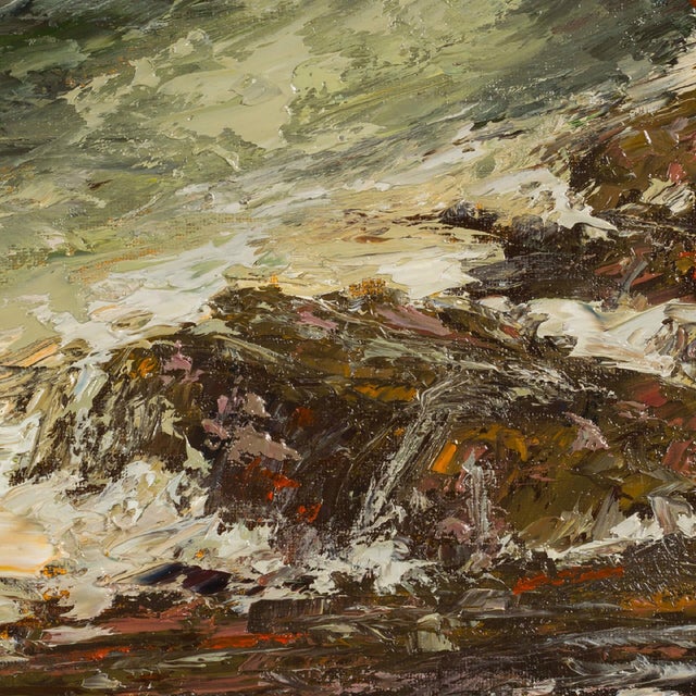 Siren Song by Sparky LeBold | Oil on canvas Abstract seascape with rocky shoreline and waves. For Sale - Image 4 of 5