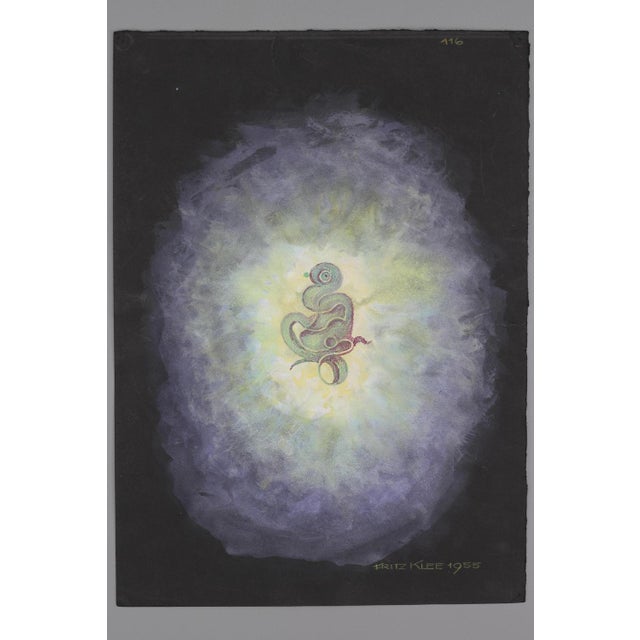 A striking abstract organic drawing on black paper, composed in strong, luminous colors. Executed in colored pencil,...