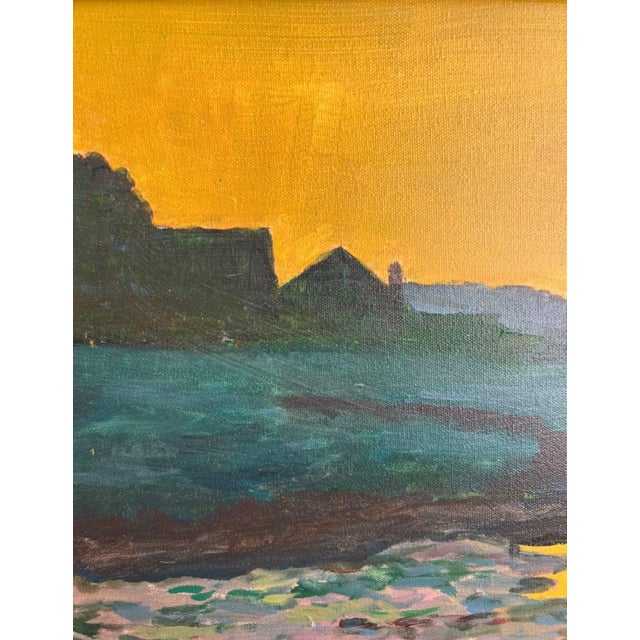 1970s Giltwood Framed, Landscape Oil on Canvas in Vibrant Yellow & Teal For Sale - Image 5 of 10