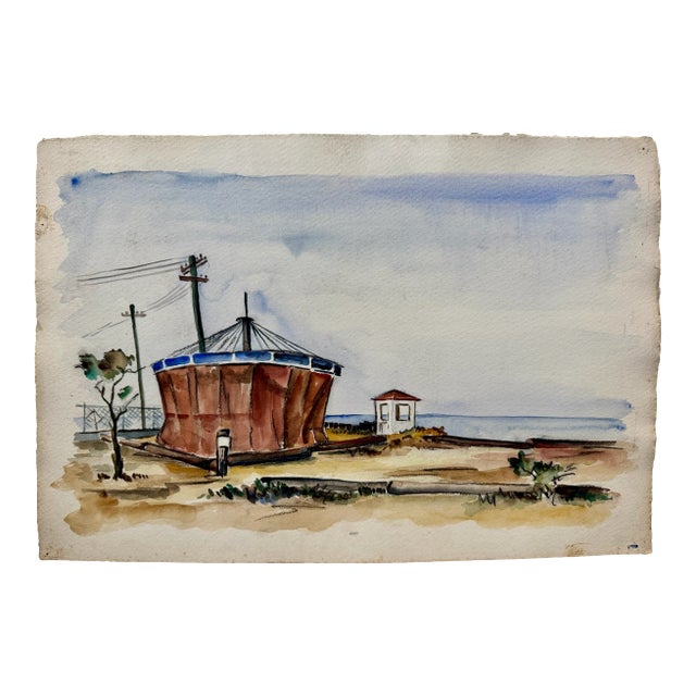 Henry Emil Salloch Original Watercolor on Paper Industrial Coastal Landscape. For Sale