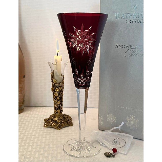 Early 21st Century Vintage Joy Ruby Red Waterford Crystal Snowflake Champagne Flute With Charm & Box For Sale - Image 5 of 10