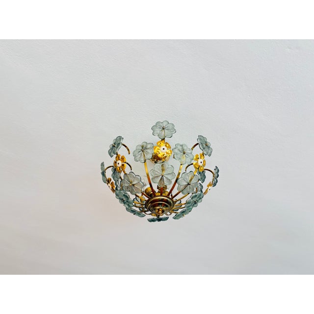 Vintage Water Green Floral Flush Mount Chandelier, Hand-Painted Glass Flower Ceiling Light, Mid-Century Brass Light Fixture - Pair For Sale - Image 17 of 17
