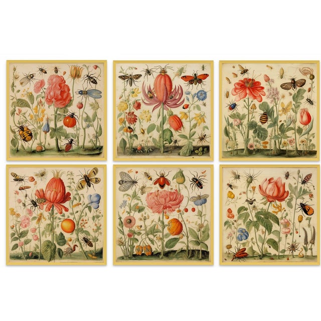 Red Gallery Wall Installation 'Insects and Flowers' Botanical Floral Prints | Unframed For Sale - Image 8 of 8