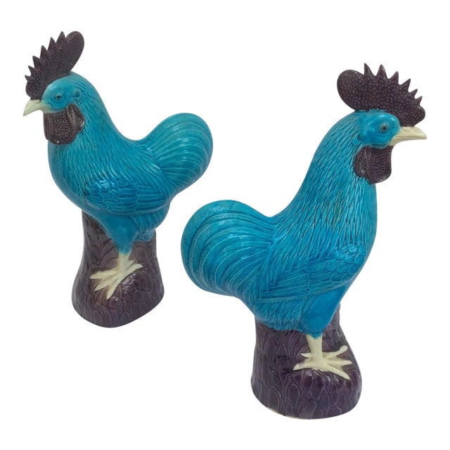 Chinese Turquoise Porcelain Roosters - A Pair For Sale