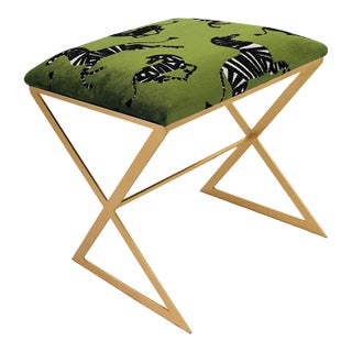 Matthew Izzo Home - X Side Stool in Green Zebra Upholstery and Gold Leaf Base For Sale