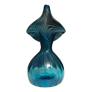 Vintage Mid-Century Teal Blue Optic Swirl Jack-in-the-Pulpit Art Glass For Sale
