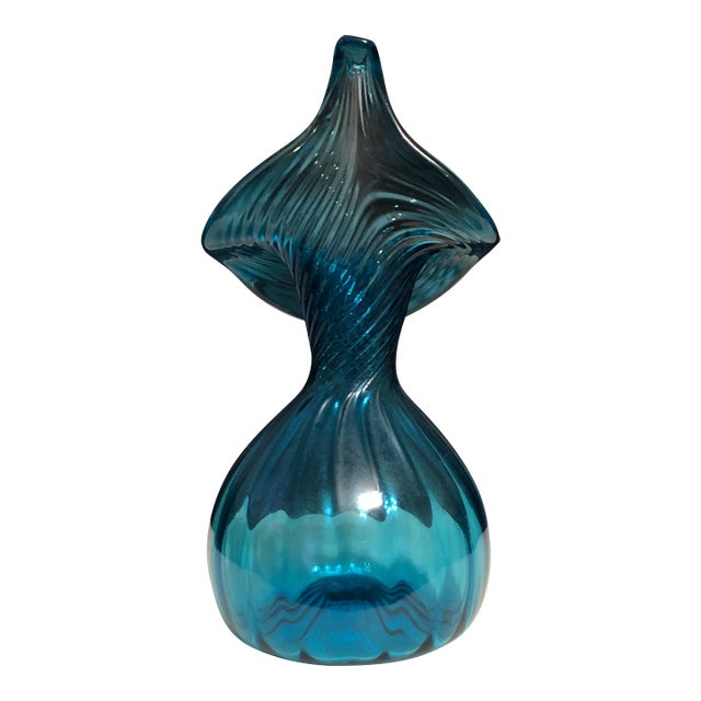 Vintage Mid-Century Teal Blue Optic Swirl Jack-in-the-Pulpit Art Glass For Sale