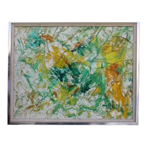 1970s Modern Multi Colored Framed Abstract Oil Painting Signed Cowan