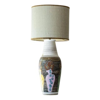 Ceramic Floor Table Lamp with Silk Lampshade attributed to R. Houben, 1970s For Sale