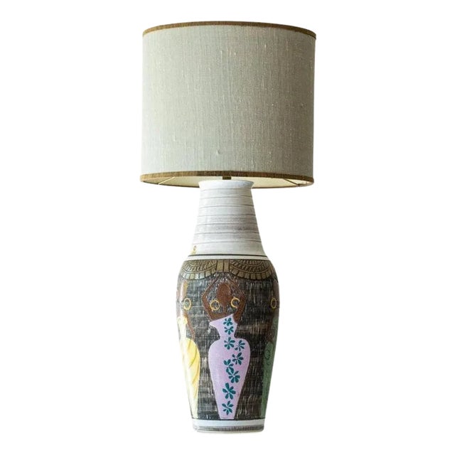 Ceramic Floor Table Lamp with Silk Lampshade attributed to R. Houben, 1970s For Sale