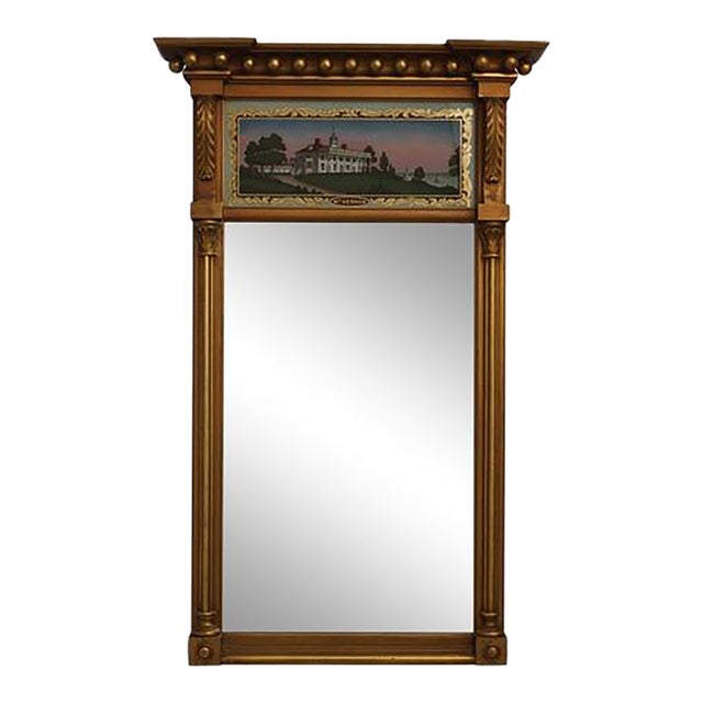 Vintage Federal Style Mt Vernon Eglomise Panel Gold Mirror For Sale