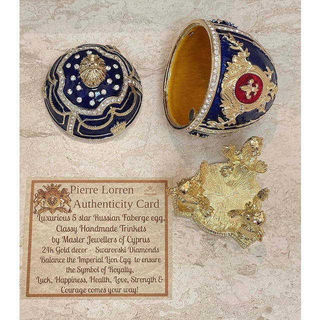 Pierre Lorren Handmade Faberge Egg Style Trinket Fabergé Egg Style Austrian Crystal Diamond Pure Gold Deco Hand Painted 5 Star Egg & Handmade Bracelet For Sale In Washington DC - Image 6 of 12