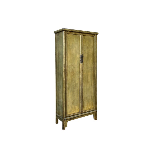 Asian Oriental Distressed Light Olive Green Tall Narrow Noodle Cabinet Armoire For Sale - Image 3 of 5