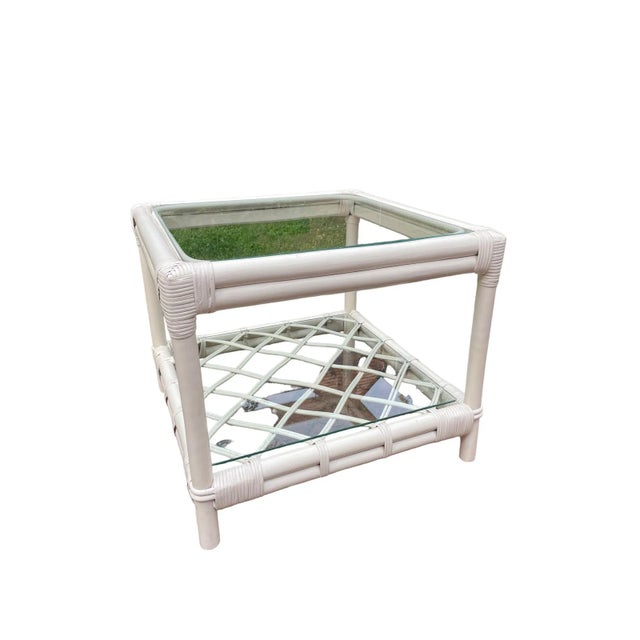 Ficks Reed Vintage Side Table Ficks Reed Coffee Table Rattan White Lake House Furniture White Table For Sale - Image 4 of 7