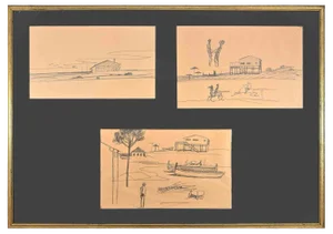 Brunello Serena, Sketches Triptych, Pen on Paper, Mid-20th Century, Framed