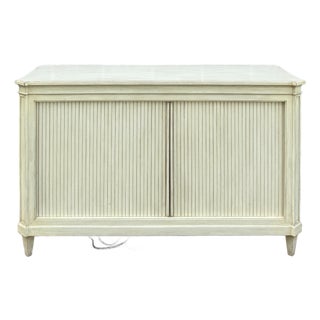 Vintage Baker Furniture Neoclassical Tambour Door Media Credenza in Toupe For Sale