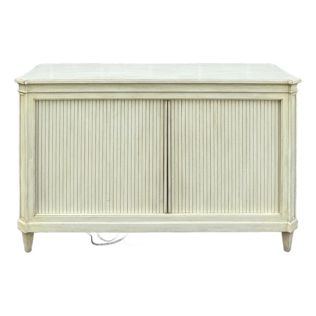 Vintage Baker Furniture Neoclassical Tambour Door Media Credenza in Toupe For Sale
