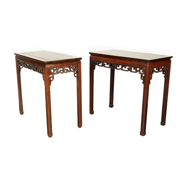 Pair Antique Chinese Export Qing Dynasty Elm Rosewood Carved Side Serving Altar Tables 1860 For Sale - Image 4 of 12