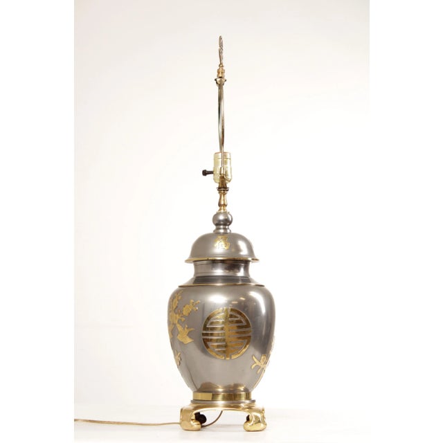 Mid 20th Century Asian Style Brass and Pewter Ginger Jar Table Lamp For Sale - Image 5 of 13