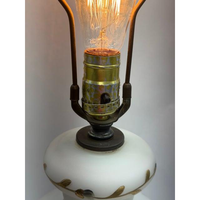 Mid-Century Modern Vintage Painted Satin Glass Table Lamp With Gilded Floral Accents For Sale - Image 3 of 9