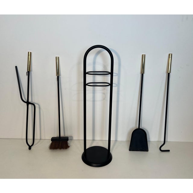 Circa 1970s Fireplace Tools on Stand in Black Lacquered Metal and Brass Design/one For Sale - Image 4 of 12