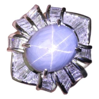 Late 20th Century Fine 12.05ct Natural Star Sapphire & 1.72ct Diamond Platinum Ring Size 5.75 For Sale