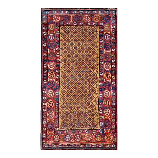 1890s Yellow Geometric Tribal Antique Caucasian Kazak Rug 4'0" X 7'4" Handknotted Wool Carpet For Sale