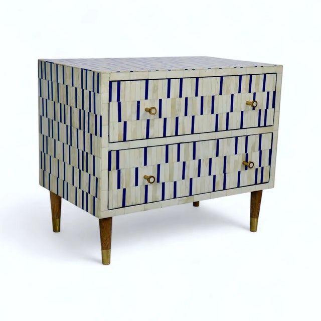2020s Bone Inlay Bedside Table in Blue & White Geometric Pattern For Sale - Image 5 of 7