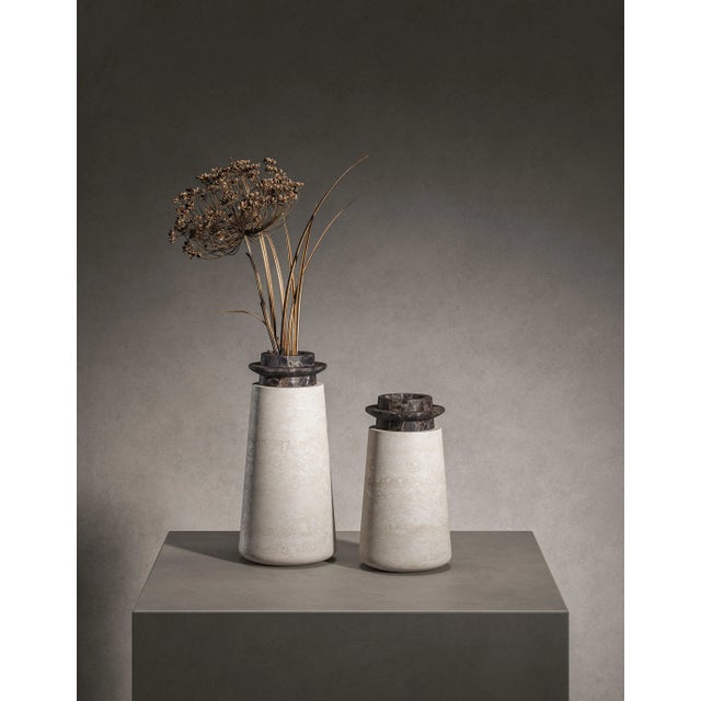 Contemporary Modern Vase in Travertine and Marble, Designer Ivan Colominas For Sale - Image 3 of 7