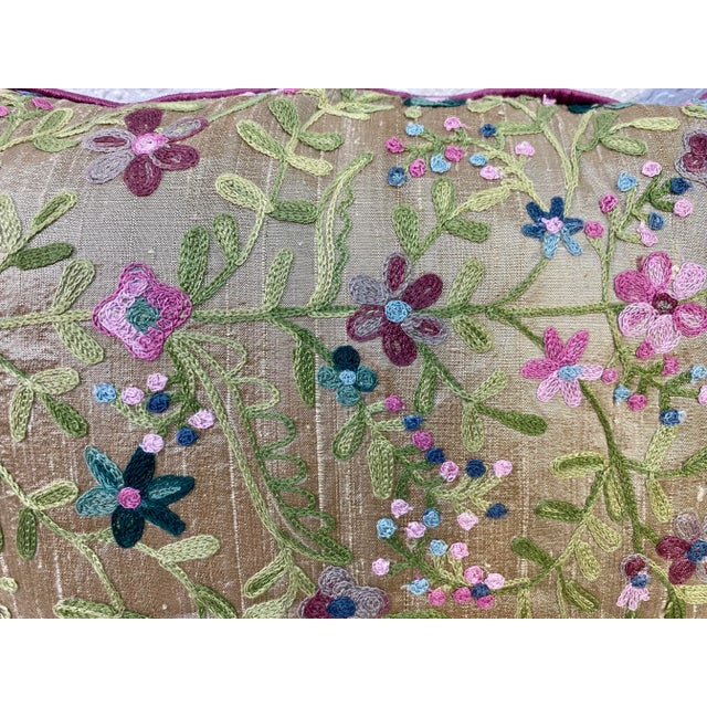 Square Pillows With a Purple and Pink Embroidered Floral Print, Made in U K- a Pair For Sale - Image 9 of 10