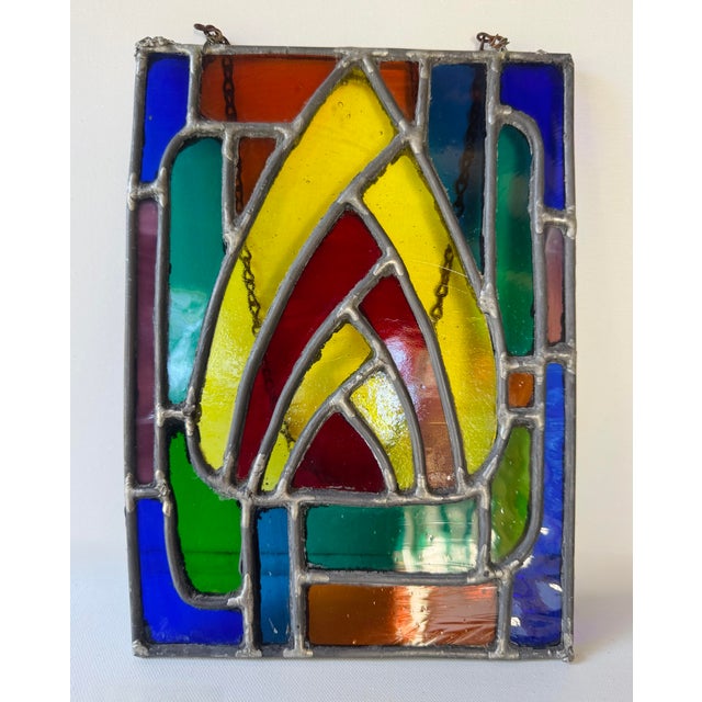 Vintage Leaded Stained Glass Window Panel Art Deco Style Geometric Hanging For Sale - Image 4 of 9