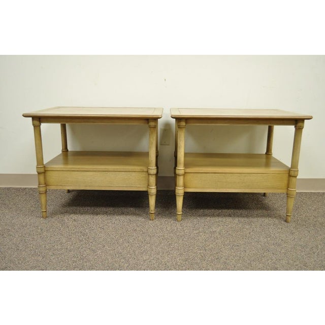 Vintage Drexel Hollywood Regency Leather Top Solid Wood Side End Tables