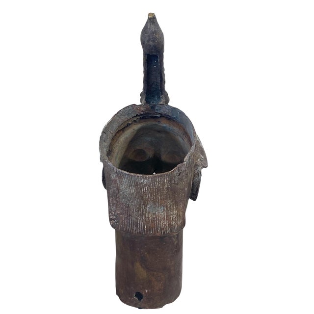 Large Vintage Benin Bronze Head of a King Oba Nigeria African 21.5" H For Sale - Image 4 of 8