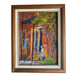 Vibrant Painting of a Figure Painting on an Easel Outside in a Gardenscape With a Brick Building in the Background For Sale