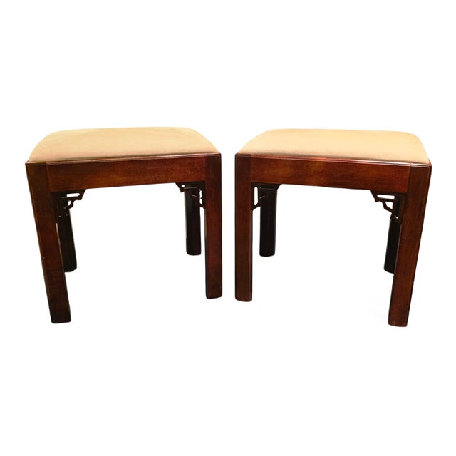 Pair of Vintage W & J Sloane Ming-Style Hardwood Benches With Corner Spandrels For Sale