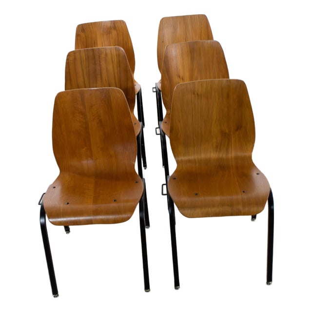 Late 20th to Early 21st Century Modern Walnut Molded Plywood Chairs Stackable Connectable Refinished Set of 6 For Sale