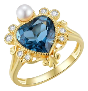 Kai "On My Heart" London Blue Topaz Diamond Pearl Cocktail Ring in 14k Solid Gold - Size 6