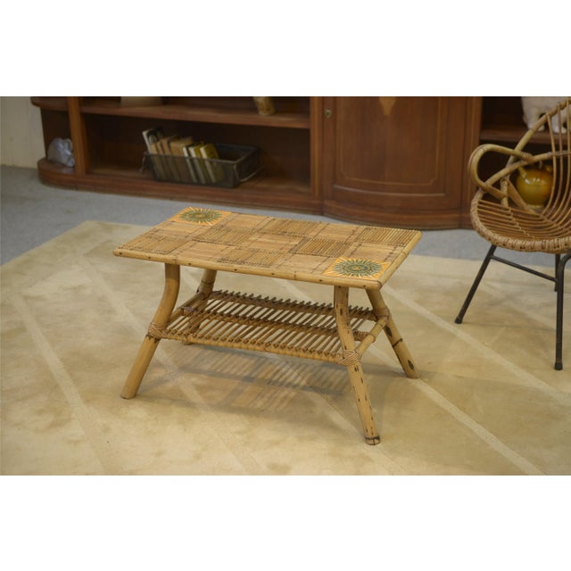 Coffee Table in Rattan and Ceramic attributed to Audoux Minet, 1950s For Sale - Image 9 of 9