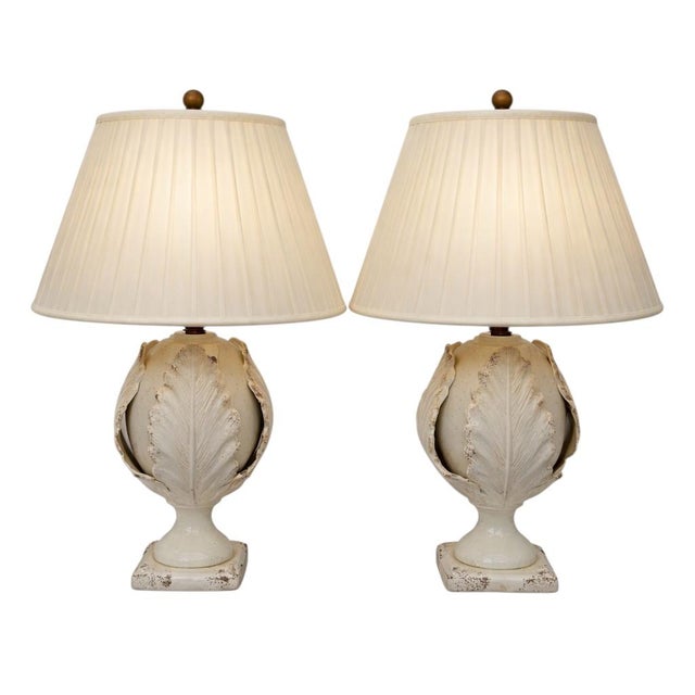 White Chelsea House French Style Acanthus Leaf Pottery Table Lamps - Pair For Sale - Image 8 of 9