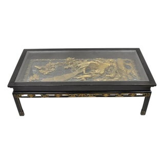 Vintage Chinese Relief Carved Ho Ho Bird Glass Top Display Oriental Coffee Table For Sale