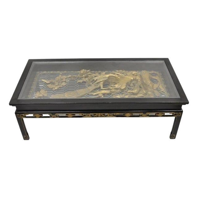 Vintage Chinese Relief Carved Ho Ho Bird Glass Top Display Oriental Coffee Table For Sale