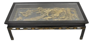 Vintage Chinese Relief Carved Ho Ho Bird Glass Top Display Oriental Coffee Table