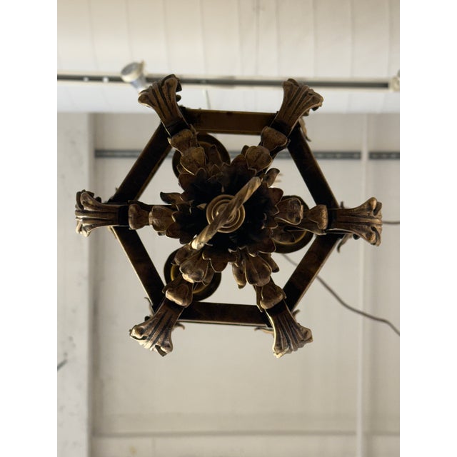 Gothic Revival Style Gilt Metal + Amber Glass Lantern Pendant, Vintage For Sale - Image 11 of 12