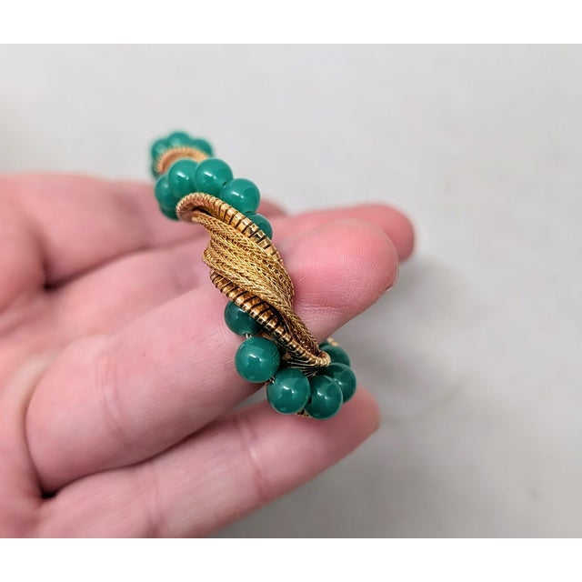 Napier Vintage 1960s Signed Napier Goldtone Faux-Jade Beaded Twisted Bracelet For Sale - Image 4 of 8