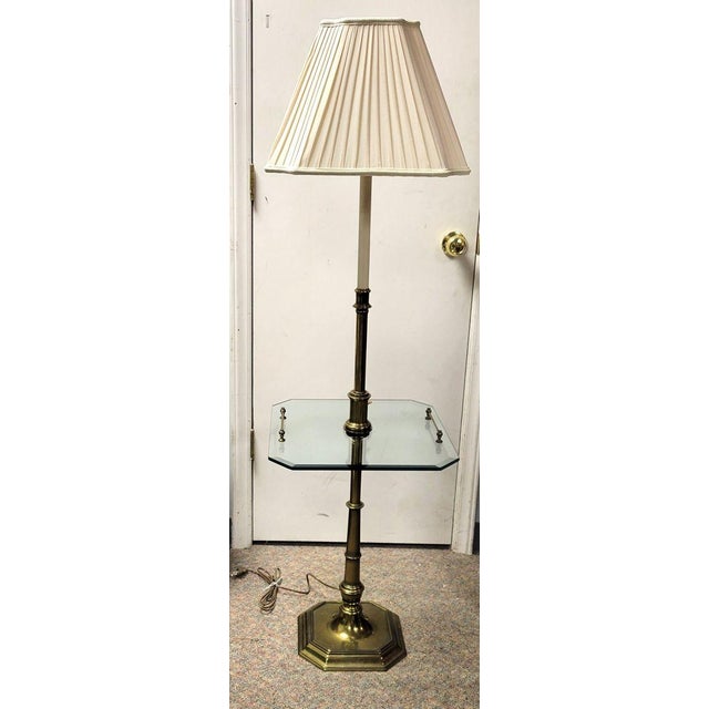 Vintage Stiffel Brass Floor Lamp With Beveled Glass Table & Brass Gallery, 1970s For Sale In Raleigh - Image 6 of 6